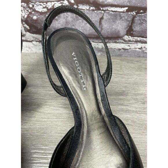 Vigotti Black Leather Open Toe Slingback High Wedge Sandals Women Sz 7W US/38EU - Picture 15 of 16